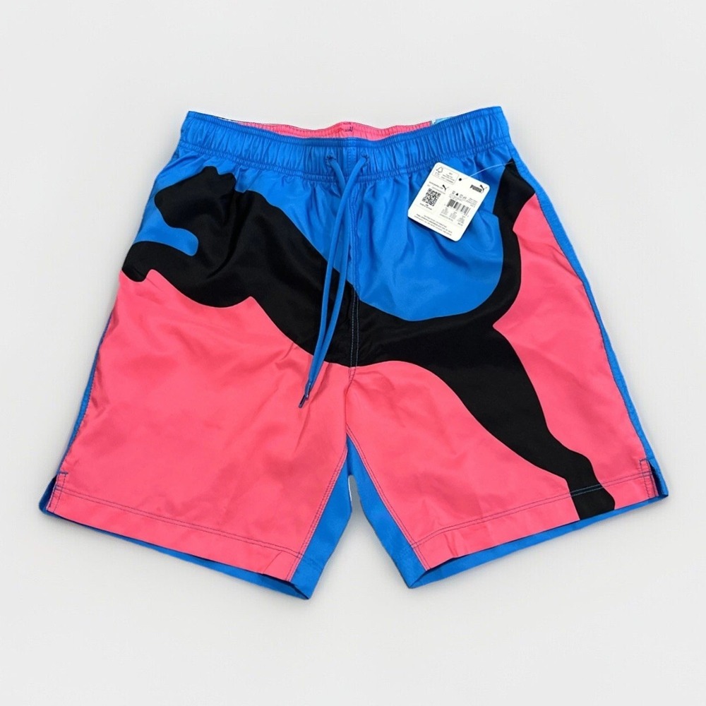 Puma Swim Trunks Mens Small Regular Fit 8" Inseam Mesh Liner Big Logo Colorful